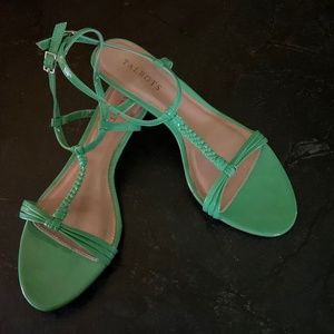 Talbots Green patent leather scrappy sandals with slight wooden wedge.